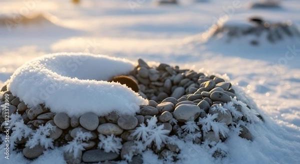 Fototapeta a captivating view of a snow covered rocky mound with a circular opening surrounded by winter s delicate frost patterns high quality professional