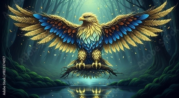 Fototapeta a majestic eagle with vibrant blue and gold plumage spreads its wings in a lush mystical forest setting perched on a branch
