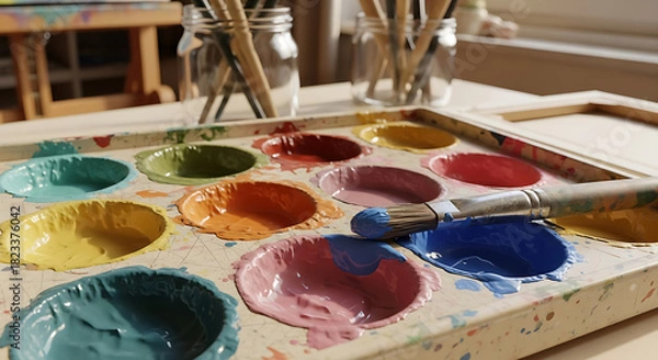 Obraz Close up vibrant watercolor paint palette with an artist's brush stirring rich blue color inspiring creative expression and artistic hobby activity