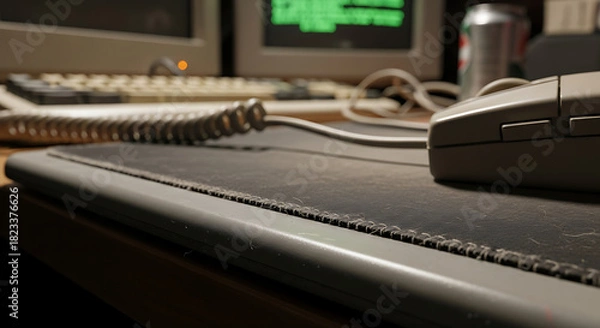 Fototapeta Vintage computer mouse and mousepad from the 1990s era representing old technology and nostalgic computing setup