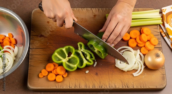 Obraz Hands expertly chopping fresh green bell pepper carrots and onions on rustic wooden cutting board demonstrating healthy food preparation