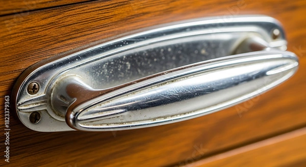 Obraz Vintage chrome drawer handle on antique wooden furniture surface showing old classic design and metallic texture with screws industrial