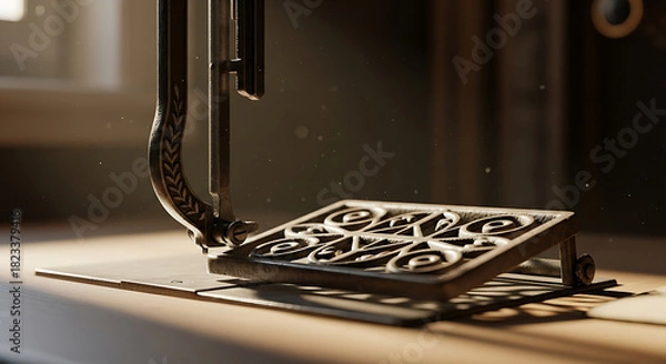 Obraz Close up vintage sewing machine intricate cast iron treadle pedal mechanism detail antique craftsmanship nostalgia historical tool creative hobbies