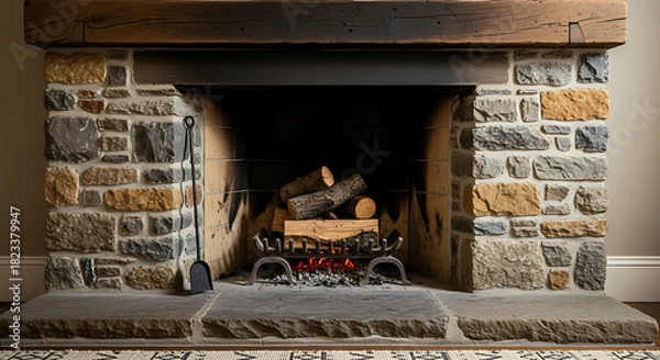 Fototapeta Rustic stone fireplace featuring flickering flames and glowing embers providing warmth and comfort to a cozy home interior