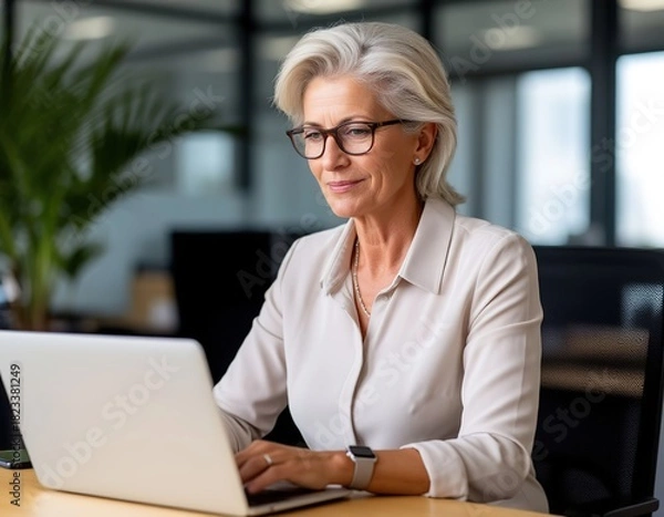 Fototapeta A gray-haired elderly woman is focused on working on a laptop. The manager is making a financial report