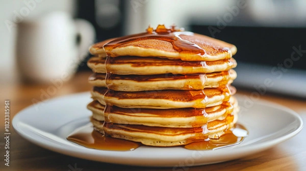 Fototapeta a stack of fluffy pancakes with maple syrup, creating a deliciously sweet and rich glaze