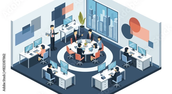 Fototapeta Modern office interior with diverse employees collaborating in a meeting and working at desks with computers and technology