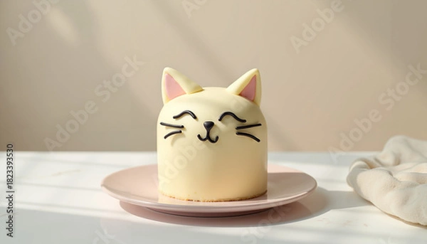 Obraz Cute cat-themed cake with happy expression on pink plate  