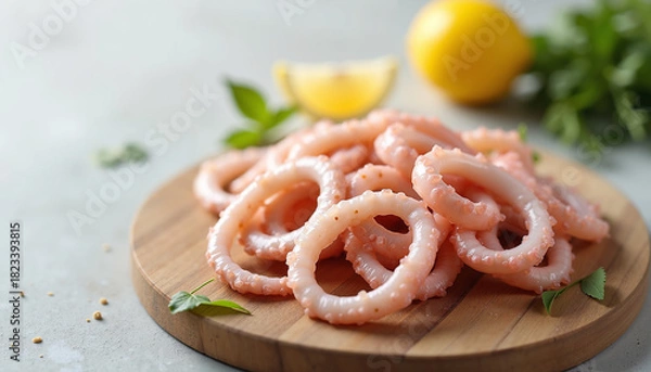 Obraz Raw calamari rings on wooden board with lemon and herbs  