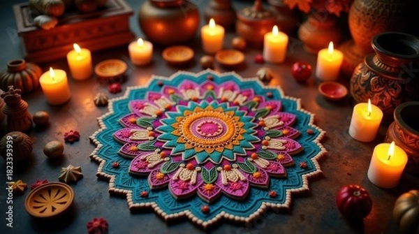 Fototapeta Colorful rangoli design with candles and festive decorations