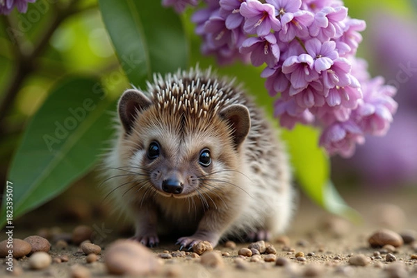Obraz Cute hedgehog exploring garden among lilac flowers  