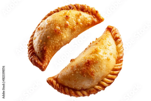 Obraz Argentina and Uruguay empanadas stacked in a pyramid, golden baked crust, meat and potato filling, isolated on white transparent background, concept of traditional South American Cuisine