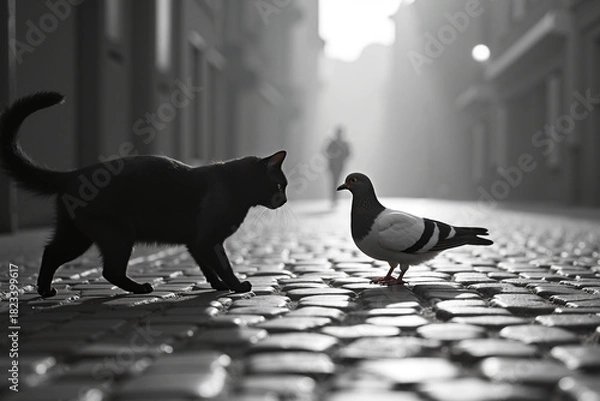 Obraz Black cat and pigeon interacting on cobblestone street at dusk  