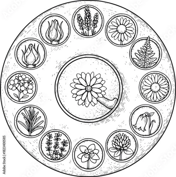 Obraz Vintage floral dial illustration featuring an assortment of botanicals and blooms in circular frames