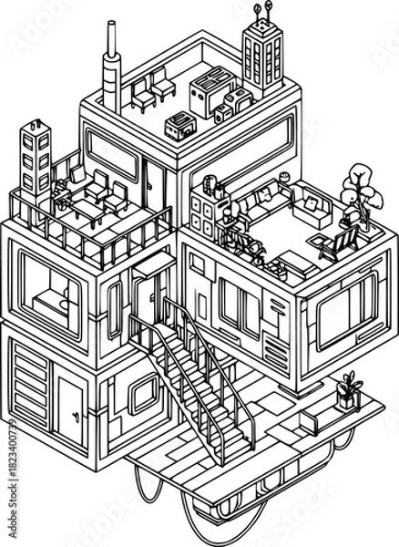 Obraz Futuristic modular home isometric illustration of a modern building design concept art