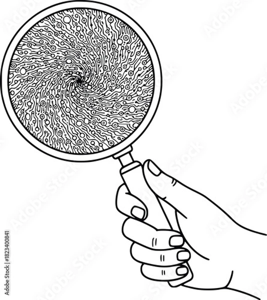 Obraz Hand holding magnifying glass reveals intricate circuit board vortex pattern illustration