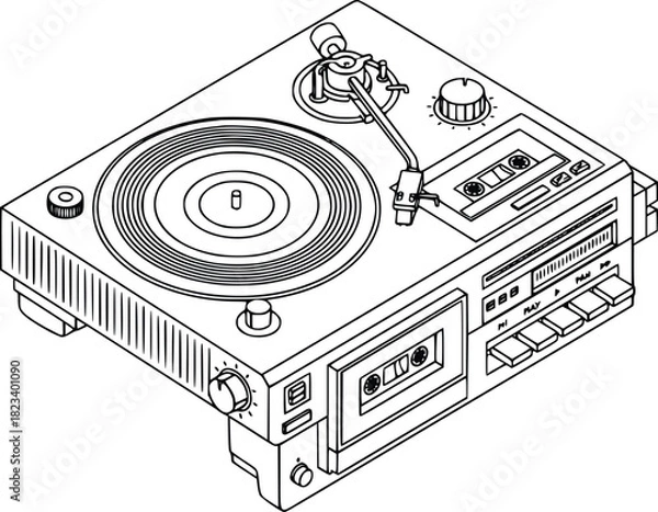 Obraz Line art illustration of turntable and tape player for music enthusiasts and audiophiles