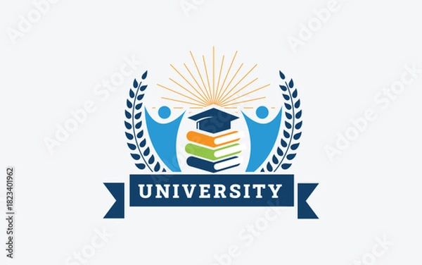 Obraz Happy Students Graduation University Logo with Sunburst and Books Vector Illustration