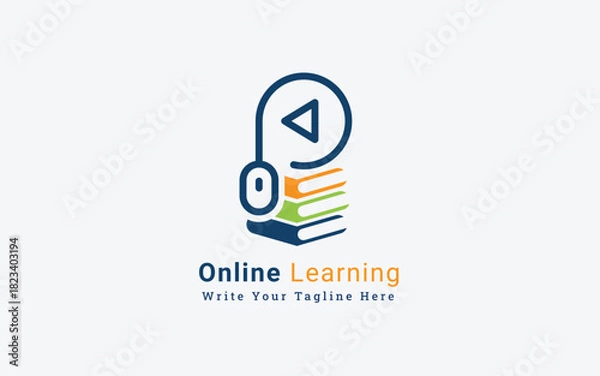 Obraz Online Video Course Logo with Books and Mouse Play Button Vector Illustration