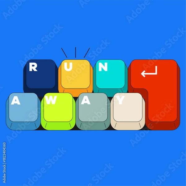 Fototapeta Keyboard Keys Forming “RUN AWAY”. Colorful keyboard key arrangement spelling a playful escape phrase in vibrant modern illustration style for digital creative themes