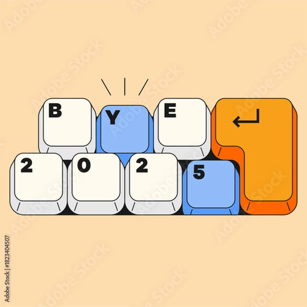 Fototapeta Keyboard Keys Forming “BYE 2025”. Creative keyboard key arrangement forming message for farewell theme with colorful keycaps in modern digital illustration style
