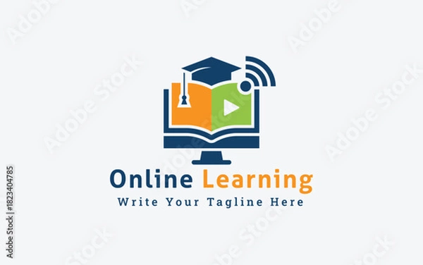 Obraz Digital Online Learning Vector Logo Illustration, Computer Monitor Book Hybrid with Wifi and Graduation Cap.