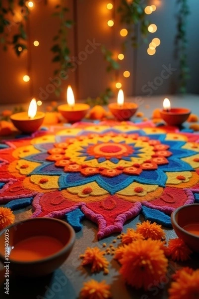 Fototapeta Colorful rangoli design with diyas for diwali festival celebration