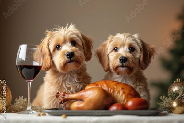 Obraz Two adorable dogs looking at festive dinner on the table  