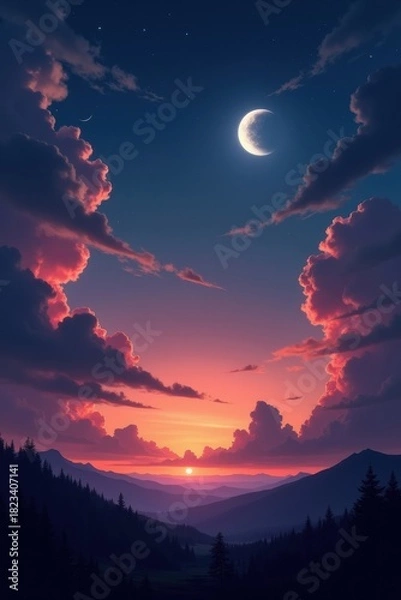 Fototapeta Beautiful twilight sky with crescent moon and colorful clouds over rolling hills