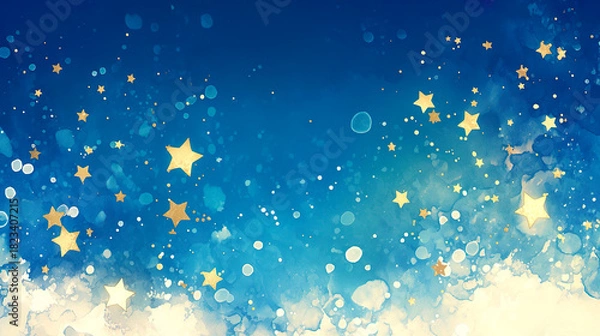 Fototapeta 青と白の抽象的な模様の背景に金色にきらめく星のイラスト