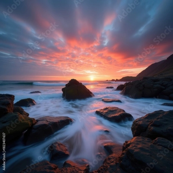 Fototapeta Dramatic sunset over rocky coastline with colorful clouds and ocean waves