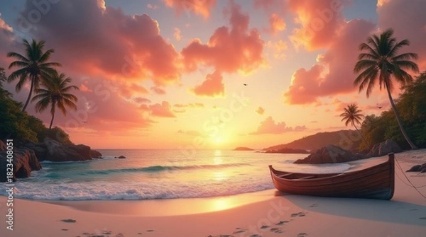 Fototapeta Idyllic tropical beach at sunset with palm trees and a small boat
