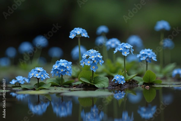 Fototapeta Blue forget-me-not flowers reflecting in calm water  