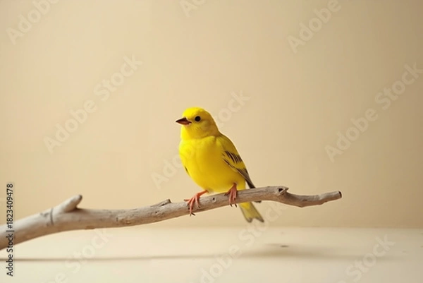 Obraz Bright yellow bird perched on branch against a neutral background  