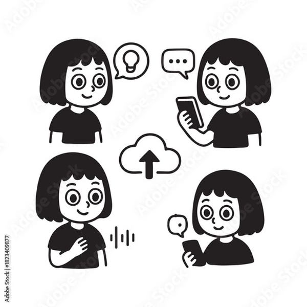 Obraz Four Panels Illustrating Digital Communication and Technology Use.