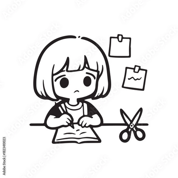 Obraz Cute Sad Girl Studying and Writing at Desk with Scissors.