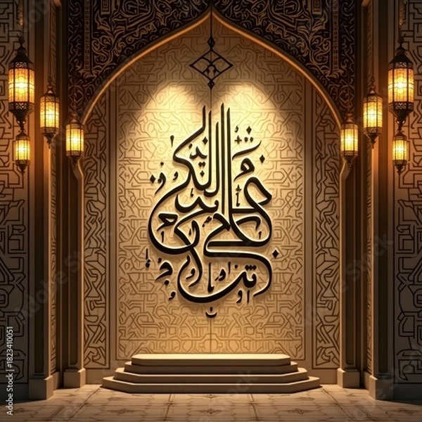 Fototapeta Intricate islamic calligraphy illuminated in a mosque archway with lanterns