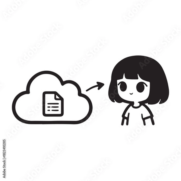 Obraz Cute Cartoon Girl Receiving Document from Cloud Storage.