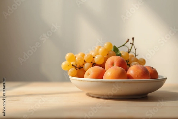 Fototapeta Fresh peaches and grapes in bowl on wooden table with natural light  