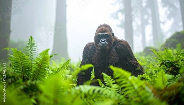 Fototapeta Majestic Gorilla Standing Amidst Lush Green Ferns in Misty Forest, Dramatic Lighting, Dense Woodland Background, Focus