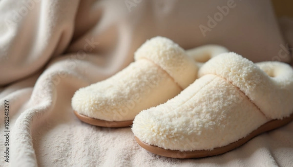 Obraz Cozy fuzzy slippers on soft blanket in warm indoor setting  