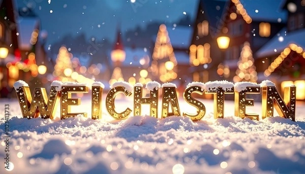Fototapeta Festive Weichasten Golden Text Display on Snow Covered Ground at Dusk