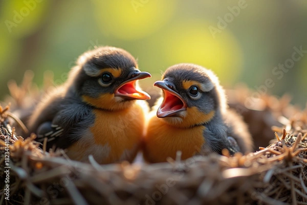 Obraz Two baby birds chirping together in a nest with soft background  