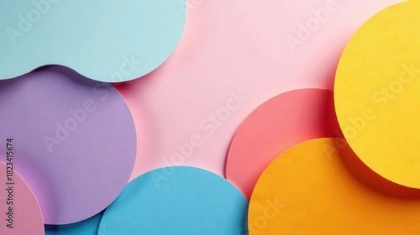 Fototapeta Abstract pastel paper shapes composition featuring overlapping circles and soft color gradients creating a visually appealing and calming design.