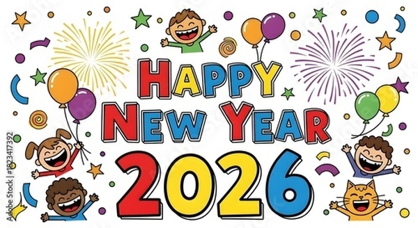 Fototapeta Happy New Year Easter card design with colorful party text, vector illustration, and celebration decoration