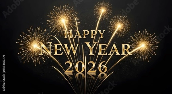 Fototapeta Happy New Year celebration fireworks light up the night sky with a bright explosion of fire and pyrotechnics