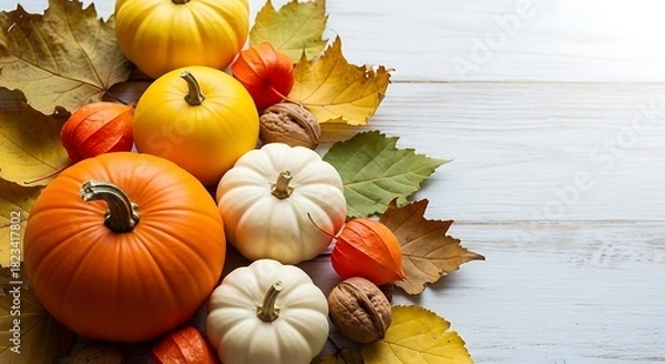 Fototapeta Autumn harvest display featuring pumpkins, gourds, fall leaves, walnuts, and physalis on rustic white wood, perfect for thanksgiving and autumn season themes.