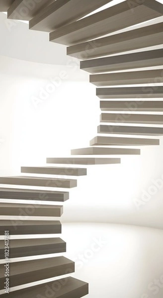Obraz A modern, minimalist spiral staircase ascends in a bright, white interior, showcasing its geometric design and clean lines.
