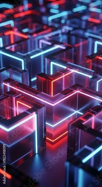 Fototapeta Abstract geometric composition featuring interconnected transparent cubes illuminated with vibrant blue and red neon lights, creating a futuristic and technological aesthetic.