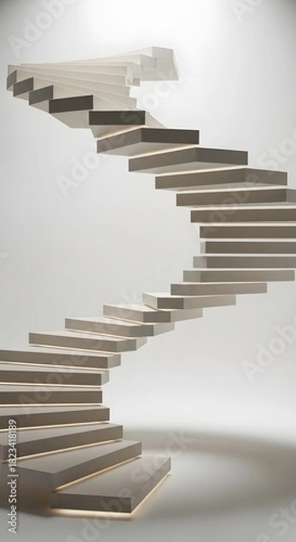 Obraz A modern, minimalist spiral staircase with floating wooden steps ascends against a bright white background, illuminated from below.